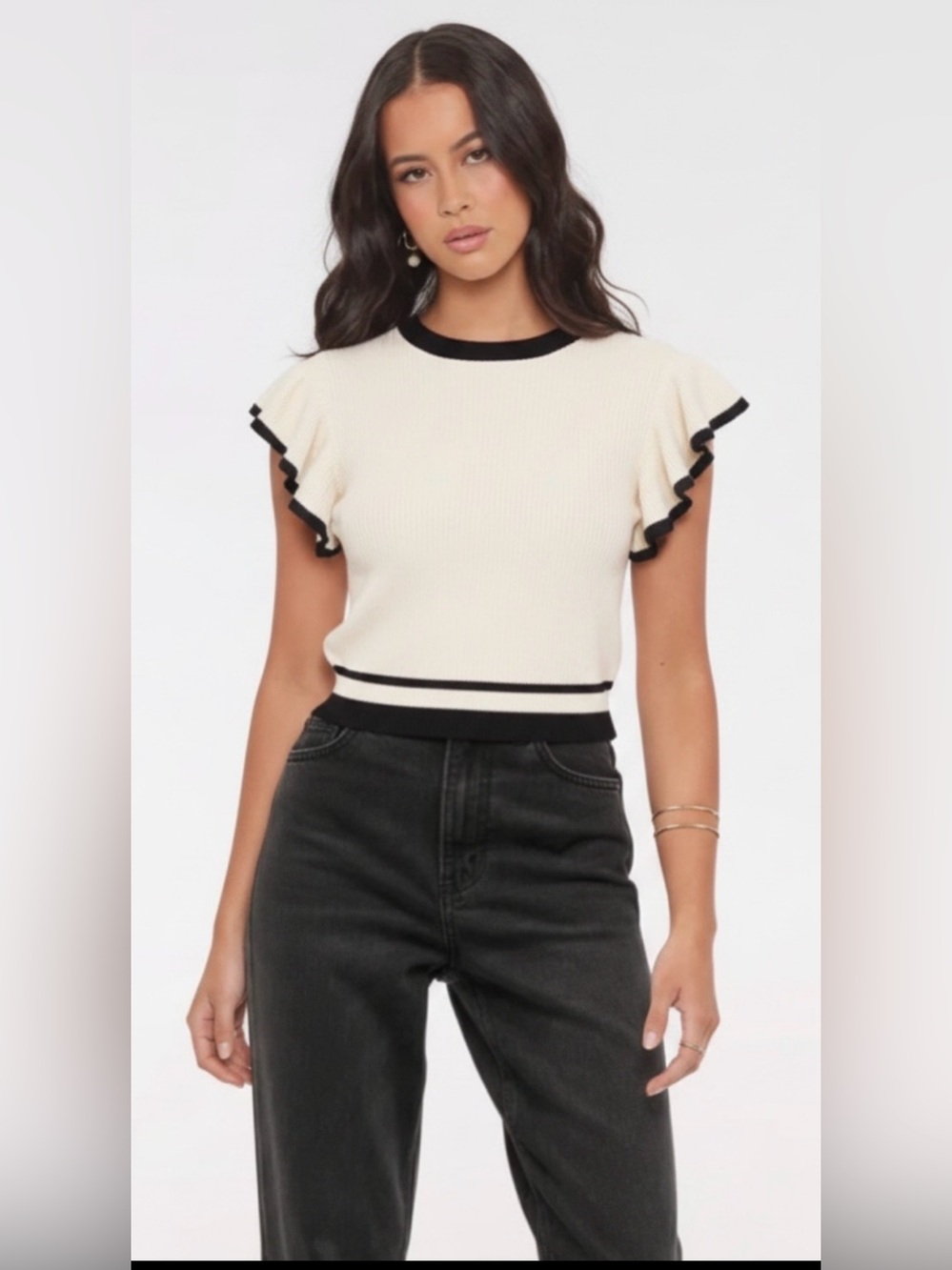 Carolyn Taylor Cream Knit Top with Black Trim